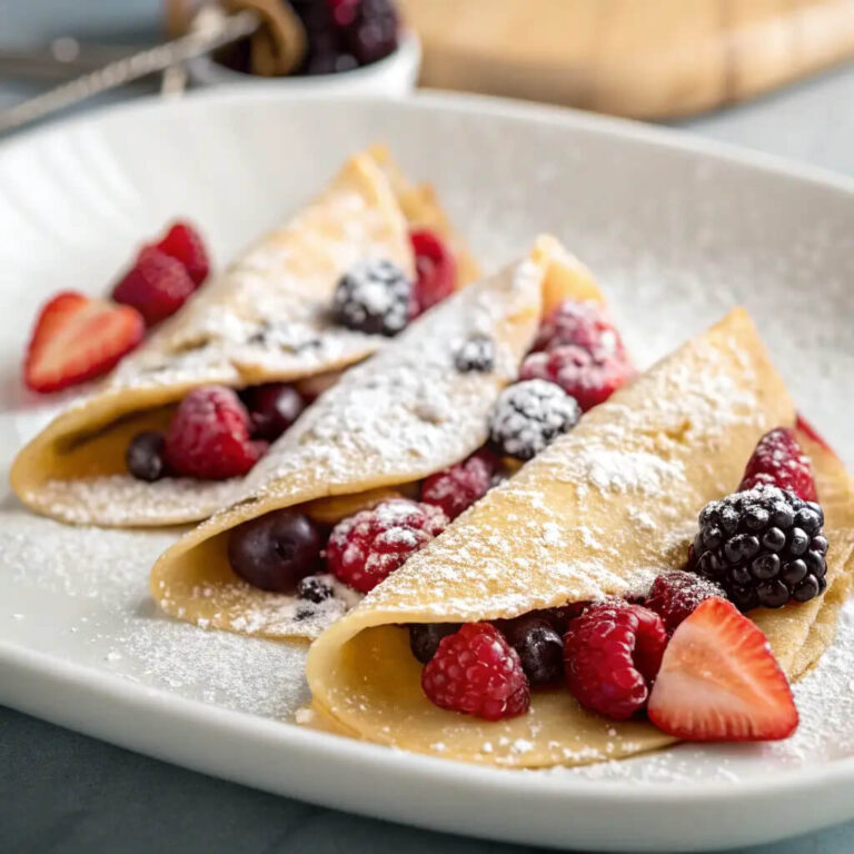 Almond crepes with warm berries, a delicate and fruity breakfast treat