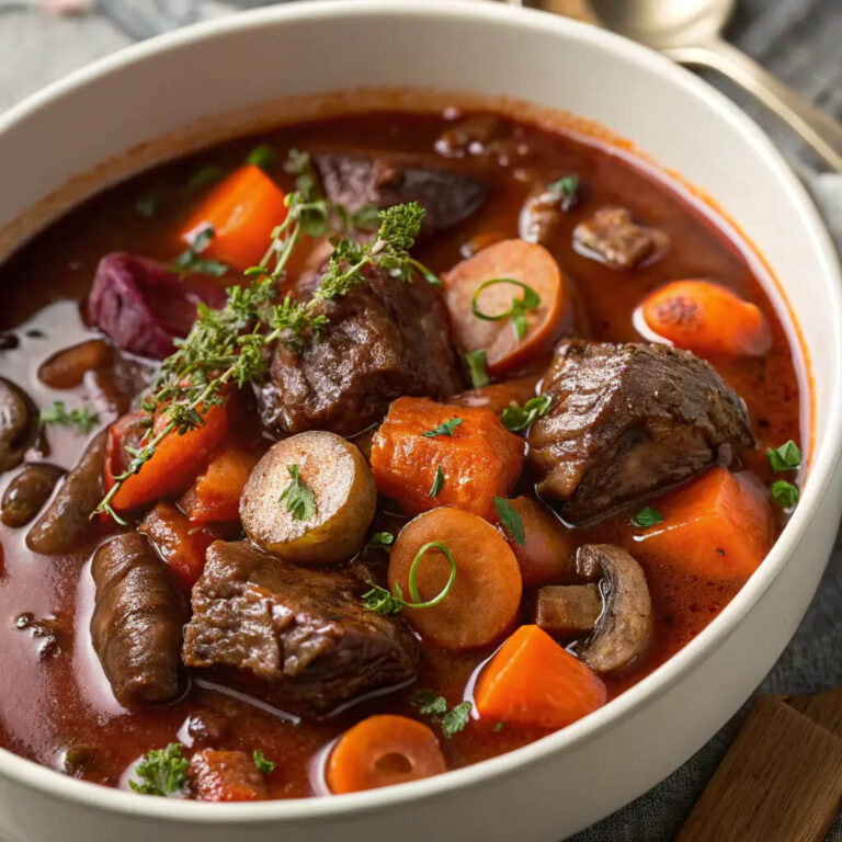 Beef bourguignon, a rich and hearty French classic