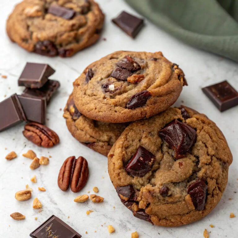 Brown butter bourbon pecan chocolate chunk cookies, rich and indulgent with a hint of bourbon