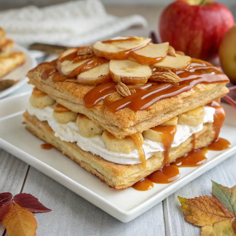 Caramel apple eclair cake, a layered dessert with caramel apple flavors