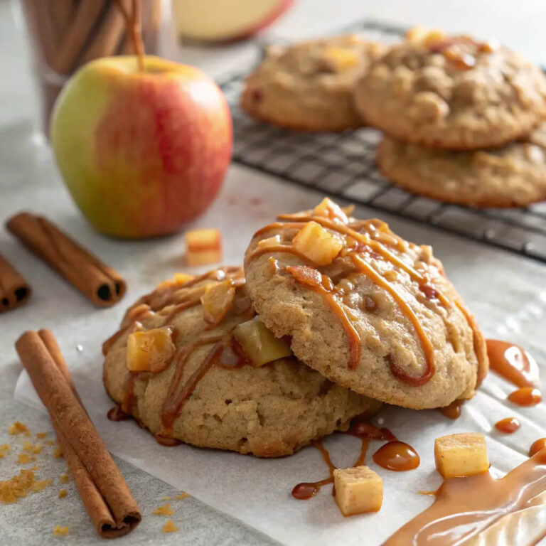 Caramel drizzled apple cinnamon cookies, sweet, fruity, and spiced