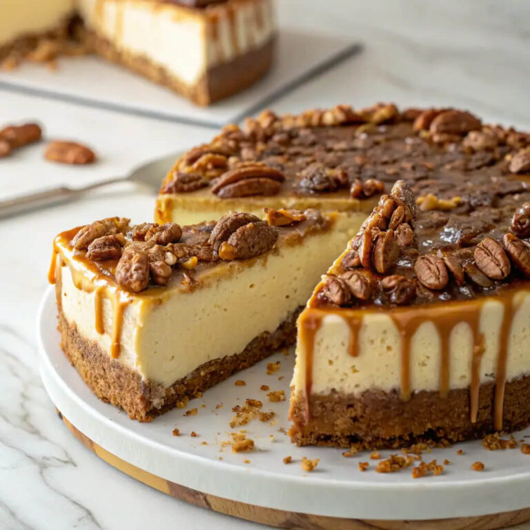 Caramel pecan pie cheesecake, a rich, layered dessert