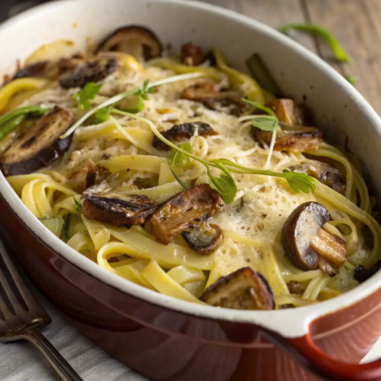 Caramelized leek and mushroom gruyere pasta, rich and flavorful with a cheesy finish
