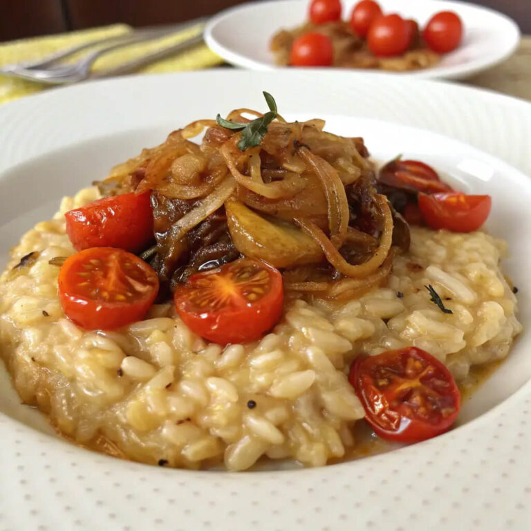 Caramelized onion tomato risotto, creamy and rich with caramelized sweetness