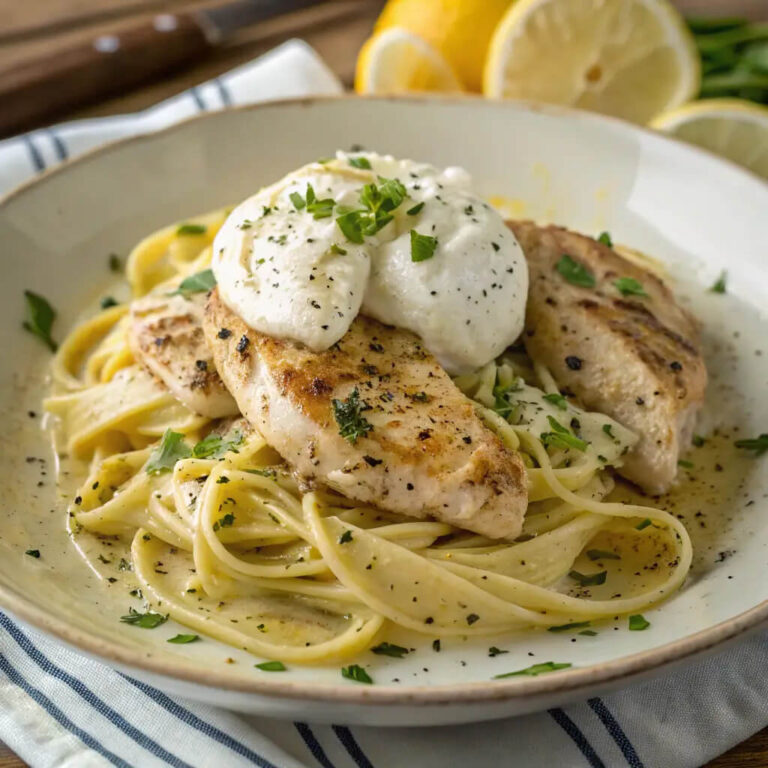Chicken spaghetti with burrata and lemon butter garlic sauce, a creamy and fresh pasta dish