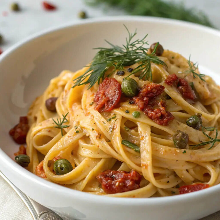 Creamy sun-dried tomato pasta with capers and dill, a tangy and flavorful pasta dish