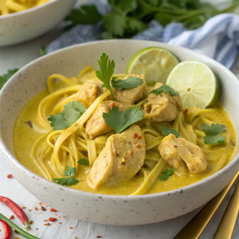 Creamy Thai turmeric chicken and noodles, full of vibrant spices