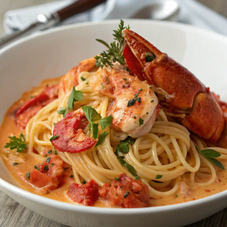 Creamy tomato and lobster pasta, rich and indulgent