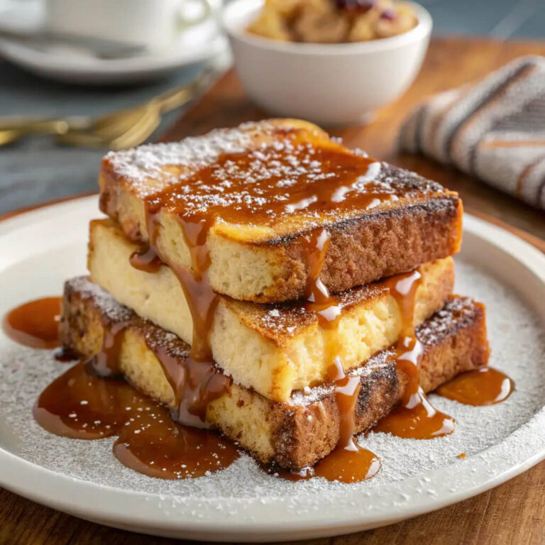 Creme brulee French toast with salted caramel, a rich and indulgent breakfast