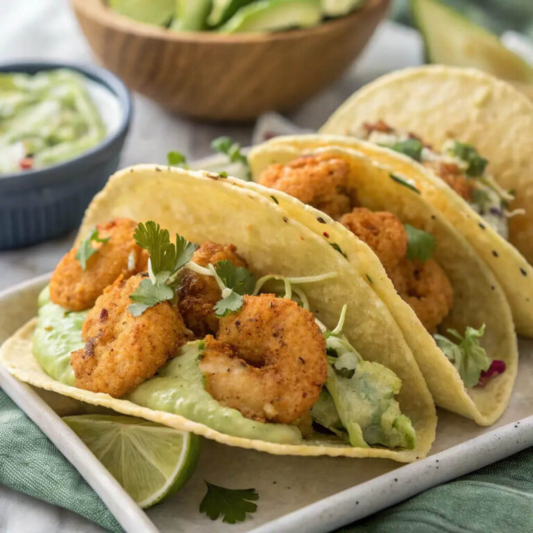 Crispy shrimp poblano tacos with avocado cilantro sauce, full of flavor and spice