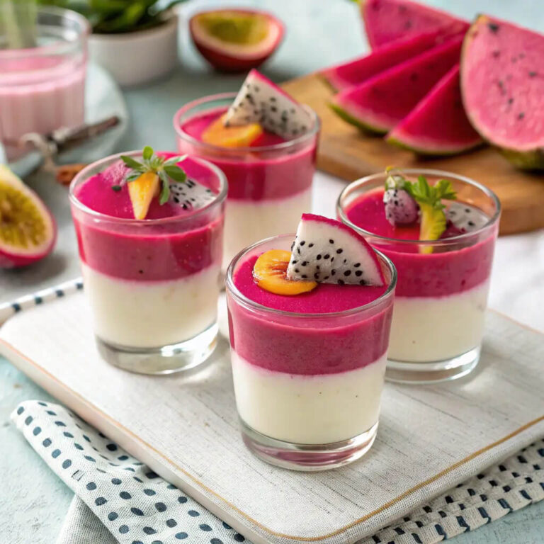 Dragon fruit panna cotta shooters, exotic and creamy with a fruity flair