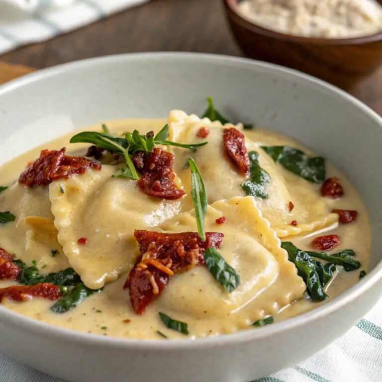 Easy weeknight ravioli in a creamy Tuscan sauce