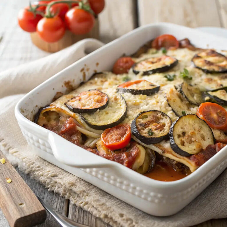 A veggie-packed eggplant pasta bake with tomato and zucchini