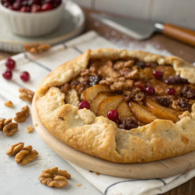 Fall-inspired caramel pear galette with walnuts and cranberries, sweet and warm