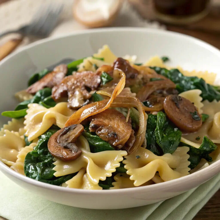 Farfalle pasta with spinach, mushrooms, and caramelized onions, a savory pasta dish