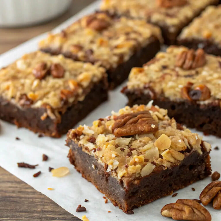 German chocolate brownies, rich and indulgent with coconut and pecans