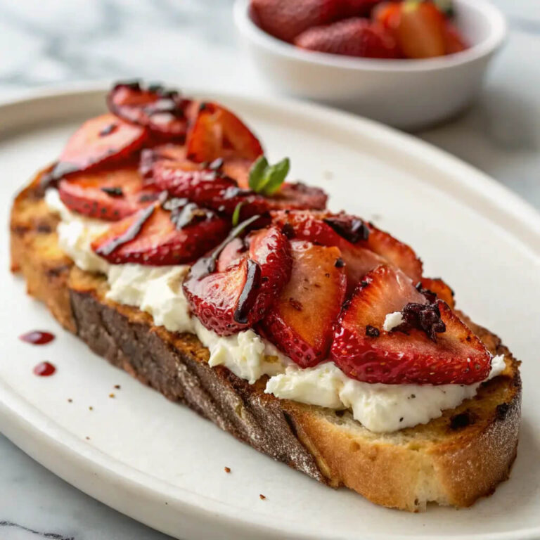 Gourmet roasted strawberry whipped ricotta toast, a savory-sweet combo on toast