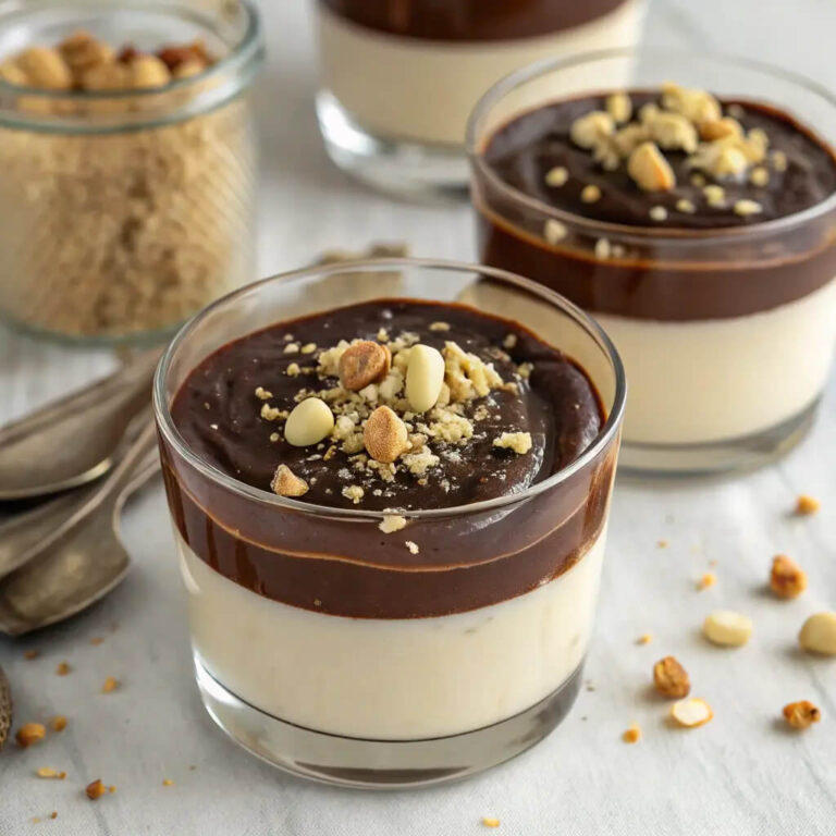 Hazelnut panna cotta with chocolate ganache, smooth and rich for an elegant dessert
