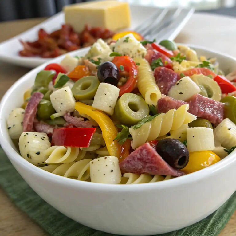 Italian antipasto pasta salad, fresh, savory, and filling