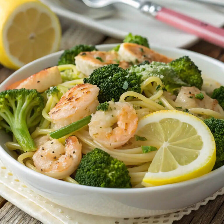 Lemon and broccoli pasta with shrimp, light and zesty