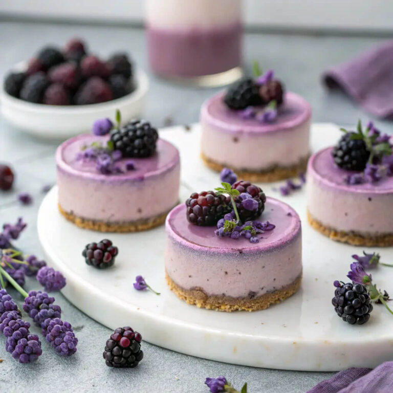 Mini blackberry lavender cheesecakes, sweet and floral for a unique treat