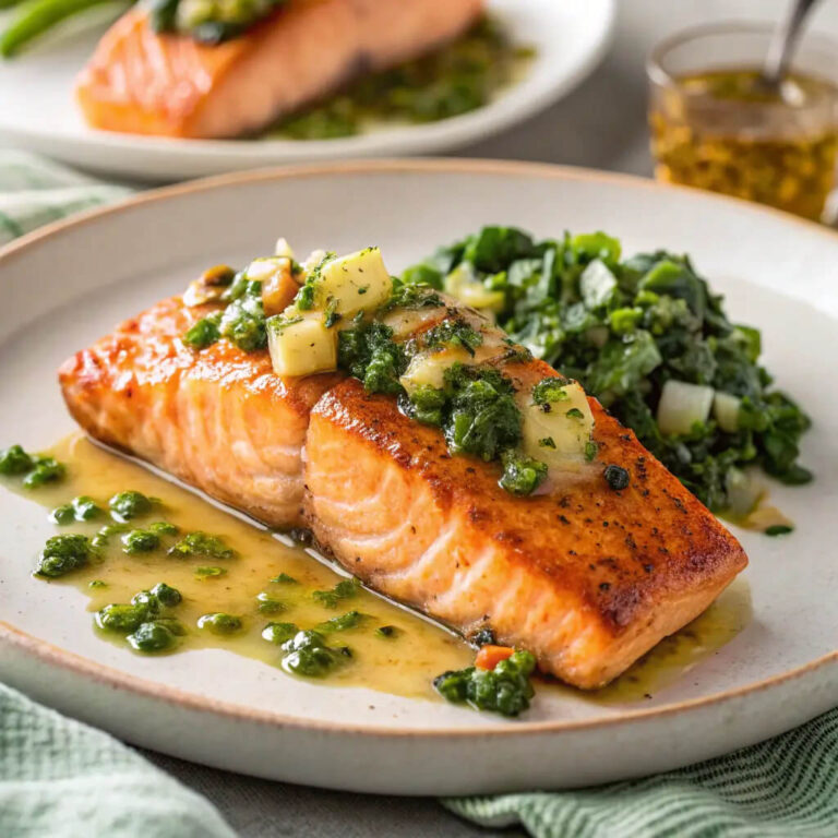 Miso butter salmon with sizzled scallion salsa verde, a savory and vibrant fish dish
