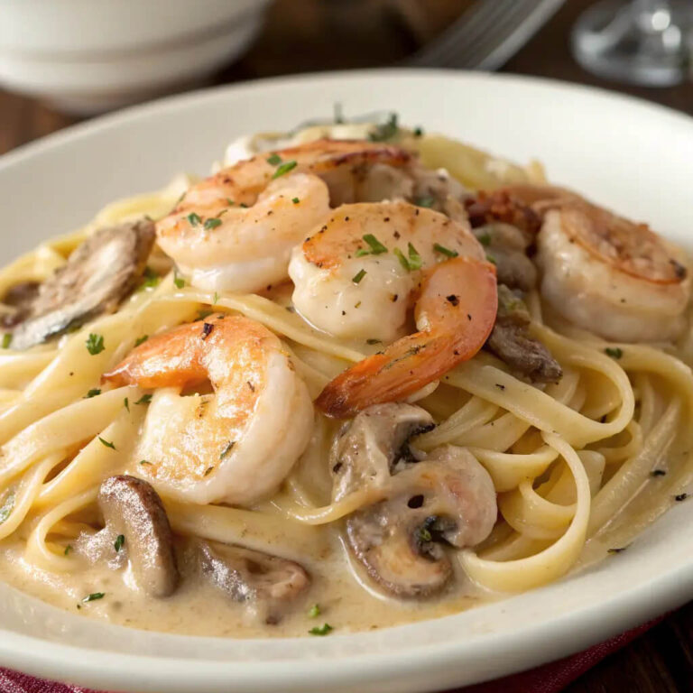 Mushroom and garlic shrimp pasta, rich, creamy, and comforting