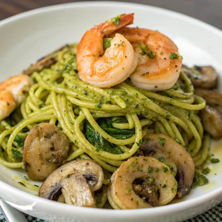 Pesto shrimp and mushroom pasta for a light, flavorful meal