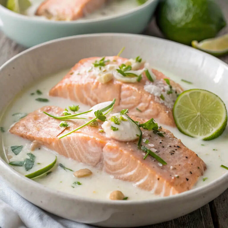 Poached salmon in coconut lime sauce, light and refreshing with a tropical flavor