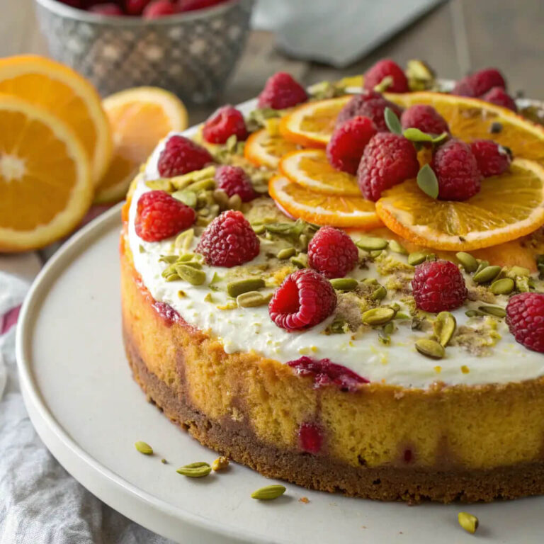 Raspberry orange pistachio ricotta cake, a fruity and nutty cake with creamy ricotta