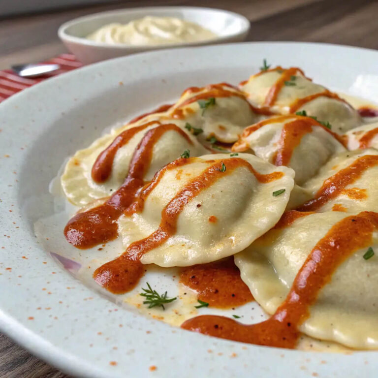 Raviolis with creamy harissa sauce, filled with flavor and a spicy kick