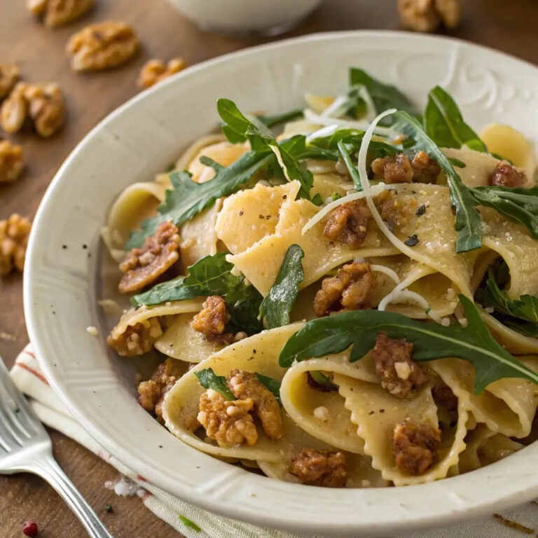 Rustic sun medallion pasta with walnut dandelion, earthy and flavorful