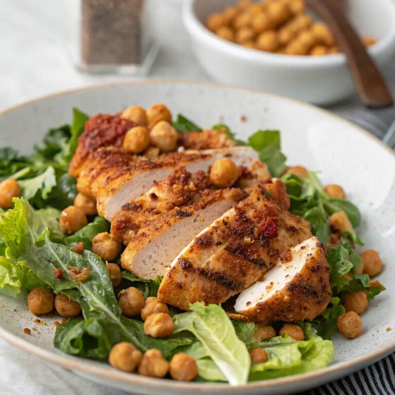Smoky paprika chicken and crispy chickpeas over escarole salad, a smoky and savory dish