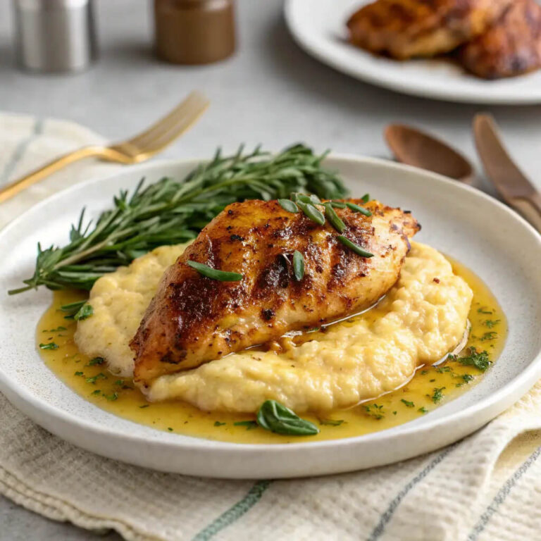 Spicy maple mustard chicken served with creamy polenta