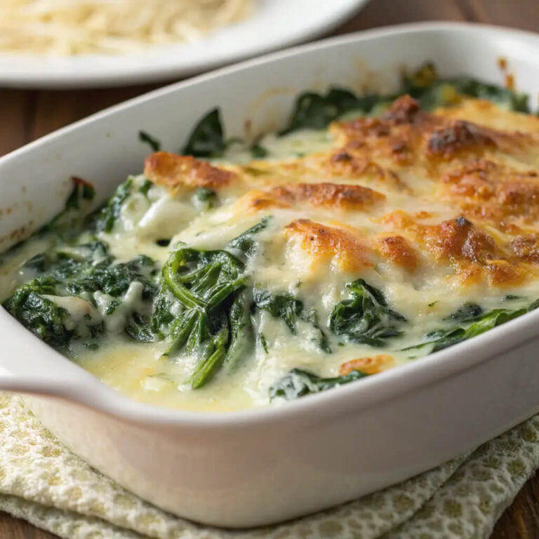 Spinach gratin, rich and cheesy with a perfect balance of flavors