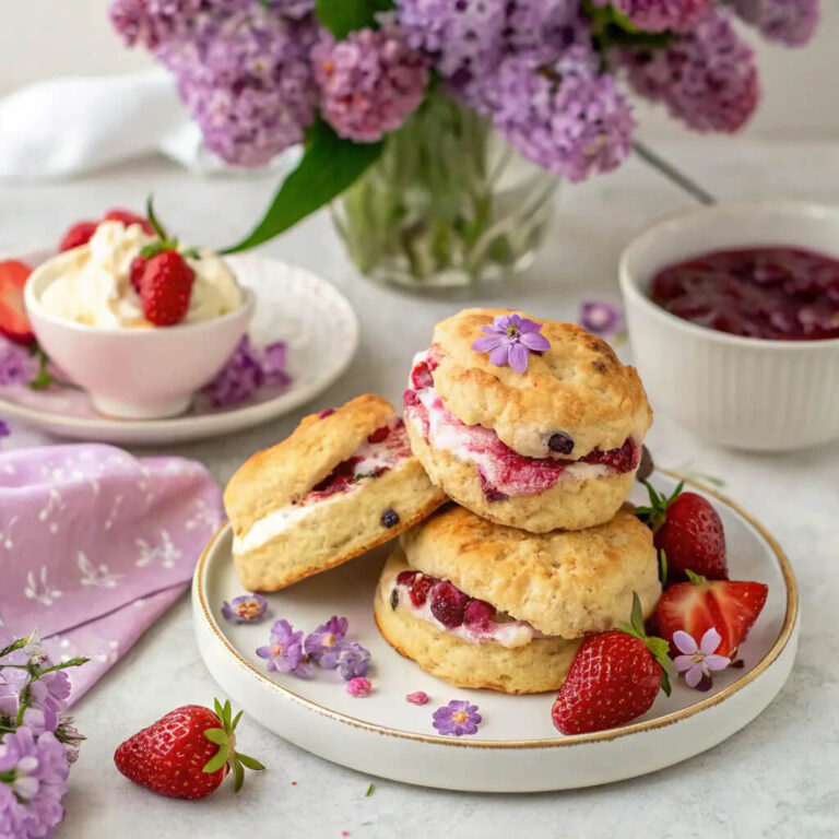Springtime purple lilac and strawberry scones, floral and fruity for a light snack