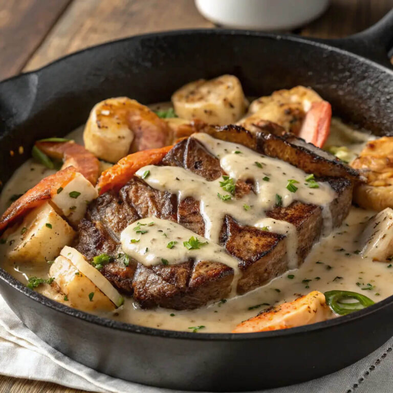 A perfect pairing with parmesan cream sauce in a steak and seafood skillet