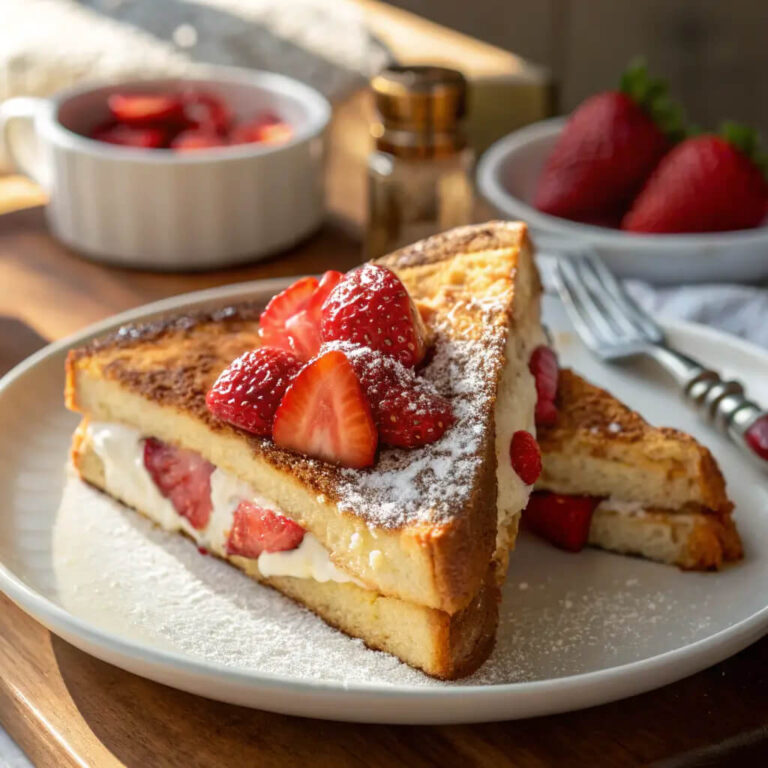 Strawberry cheesecake stuffed French toast, indulgent and sweet