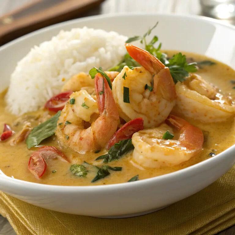 Thai coconut shrimp curry, fragrant and creamy with a tropical flair