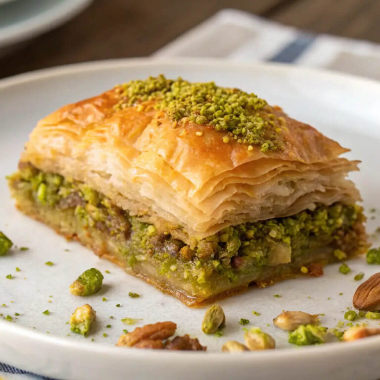 Turkish pistachio baklava, flaky and sweet with pistachio filling