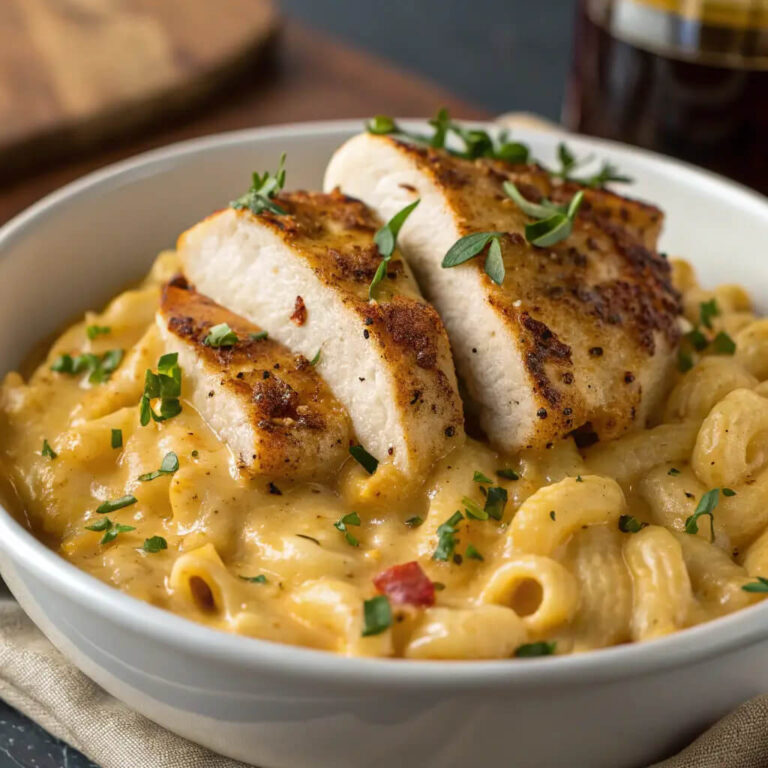 Creamy mac and cheese with a Tuscan chicken twist