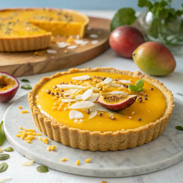 Vegan mango passion fruit tart, a tropical dessert that’s also plant-based
